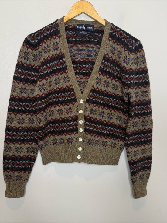Ralph Lauren Blue Label Sweaters - Ralph Lauren Vintage 80s Fair Isle Wool V-Neck Cardigan Pattern Sweater No Size